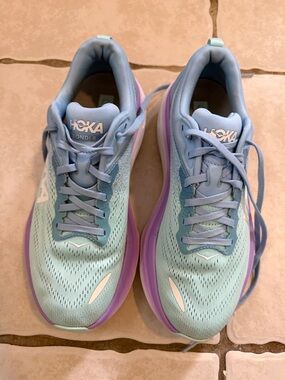 Hoka Bondi 8 Women's Running Shoes in Light Blue with Purple Accents